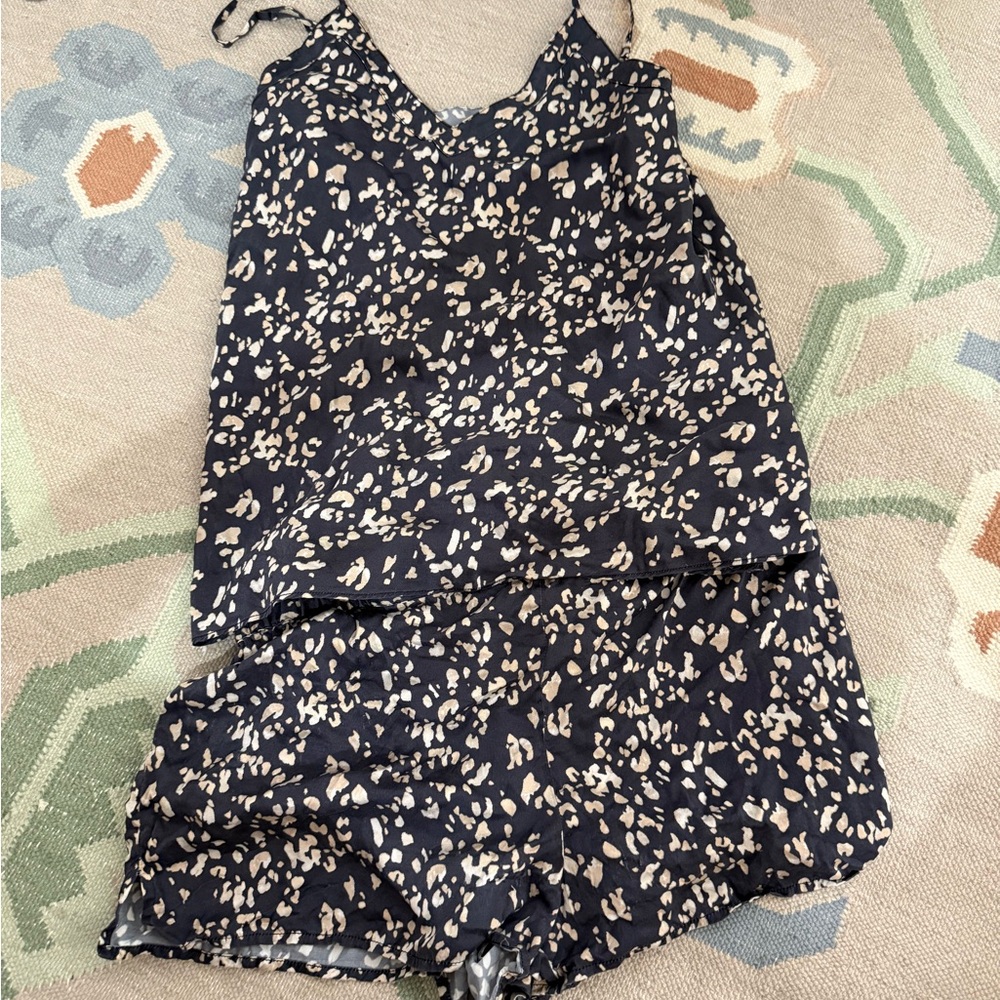 Ginia Navy and Cream Printed Satin Cami and Shorts Set